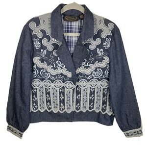 Alex Kim‎ Small Blue Denim Embroidered Jacket Cropped Boho Western Festival